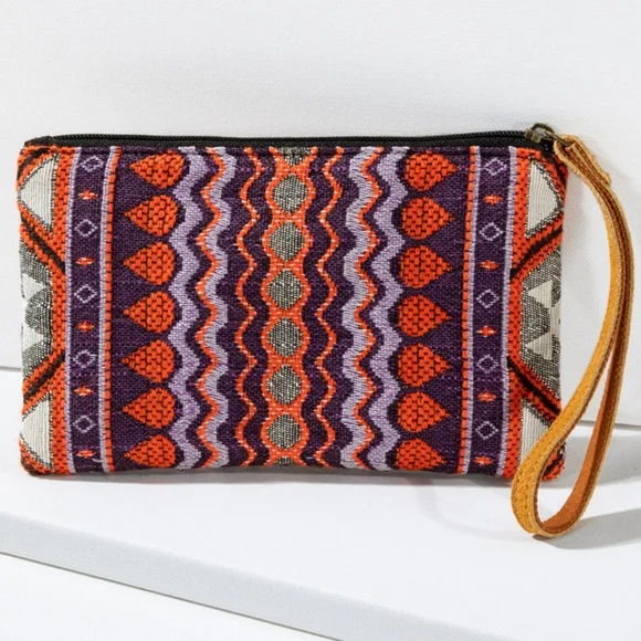 Handmade Hand Beaded Wristlet Clutch - Ethnic Inspired Motive - Dyed Fine Cotton - Picture 3 of 6